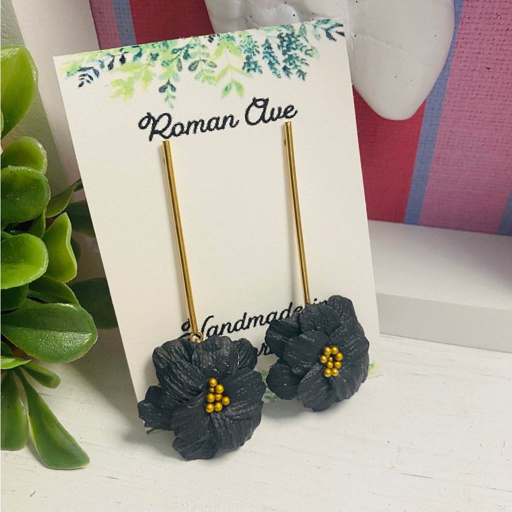 Black Flower Polymer Clay Earrings